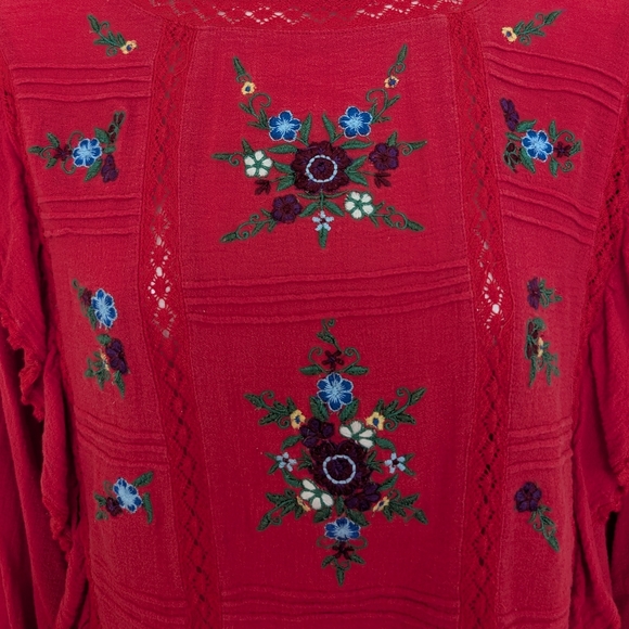 Free People Amy Red Floral Embroidered Bordado Top Medium - Picture 8 of 16